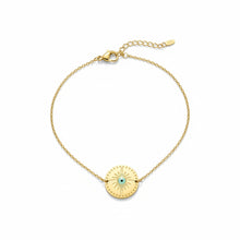 Bracelet Astéria - chaîne fine dorée connecteur rond poinçonné 14k œil protecteur en amande étoile gravée sur fond blanc - LELIEGE