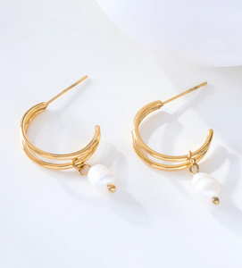 Boucles d'oreilles double ligne dorée avec perle - LELIEGE