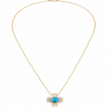 Collier Merida - chaîne fine dorée pendentif fleur ajourée cœur turquoise sur fond blanc - LELIEGE