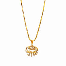 Collier Œil de Zénith - maille vénitienne dorée pendentif œil protecteur stylisé et zirconium sur fond blanc - LELIEGE